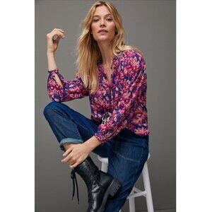 Pilcro Anthropologie Pink Blue Floral Boho Peasant Button Front Blouse Top Women